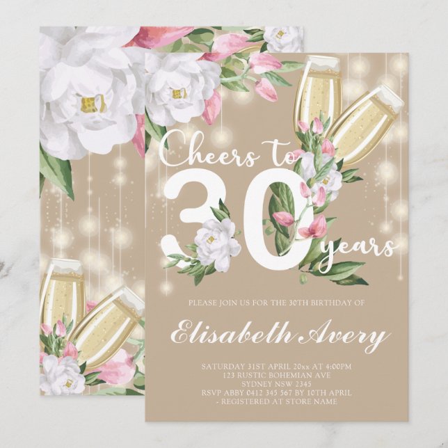 Luxury Cream Champagne Floral 30th Birthday Party Invitation (Front/Back)