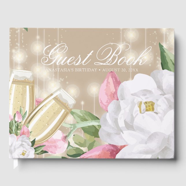 Luxury Cream Champagne Floral Birthday Guest Book (Front)