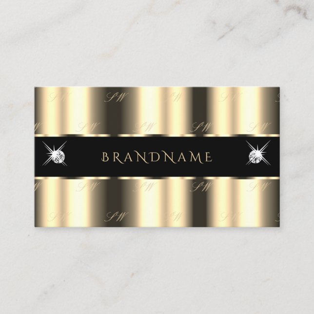 Luxury Cream Golden Black Sparkle Jewels Monogram Business Card (Front)