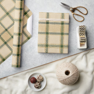 Luxury Cream Green & Gold Tartan  Elegant Neutral  Wrapping Paper