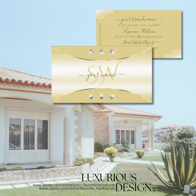 Luxury Cream with Gold Decor Diamonds and Monogram Business Card (Creator Uploaded)