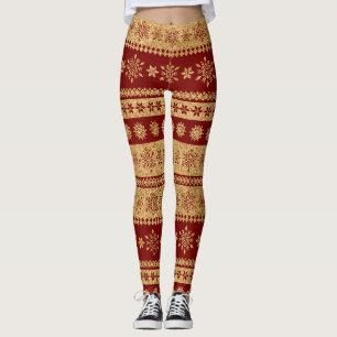 Luxury Crimson Gold Glitter Snowflake Holiday Leggings