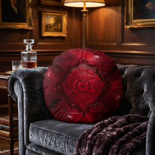 Luxury Crimson Red Baroque Mandala Round Cushion