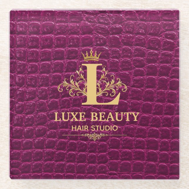 Luxury Crocodile Leather Monogram Gold Initial  Glass Coaster (Front)
