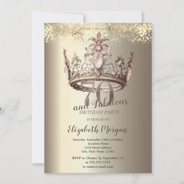 Luxury Crown Gold Confetti 70th Birthday Invitation (Front)