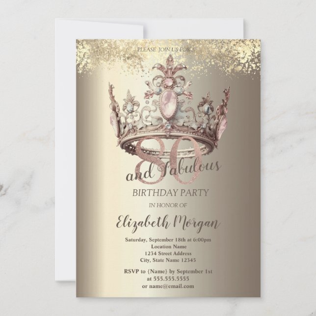 Luxury Crown Gold Confetti 80th Birthday Invitation (Front)
