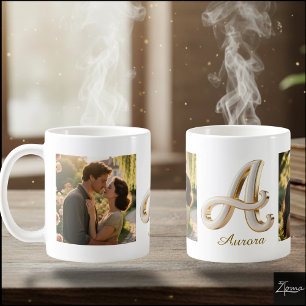 Luxury Cursive Gold White Initial A + 2 PHOTO Coffee Mug