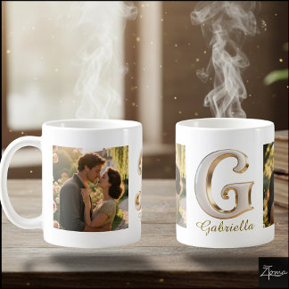 Luxury Cursive Gold White Initial  G + 2 PHOTO Coffee Mug