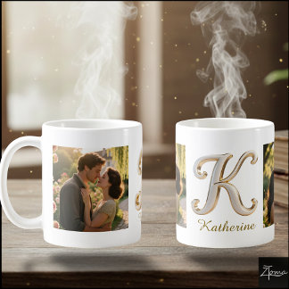 Luxury Cursive Gold White Initial  K + 2 PHOTO Coffee Mug
