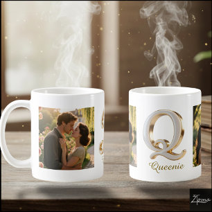 Luxury Cursive Gold White Initial  Q + 2 PHOTO Coffee Mug