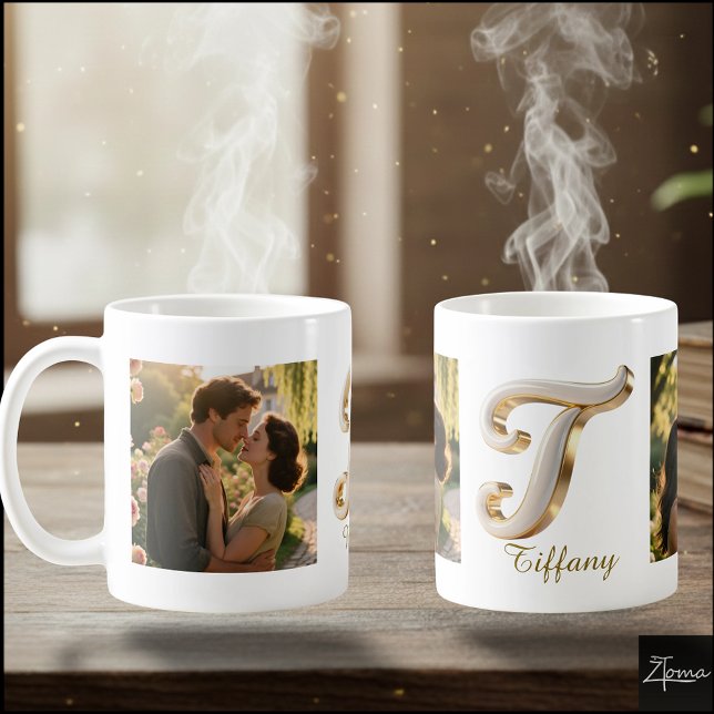 Luxury Cursive Gold White Initial  T+ 2 PHOTO Coffee Mug (Creator Uploaded)