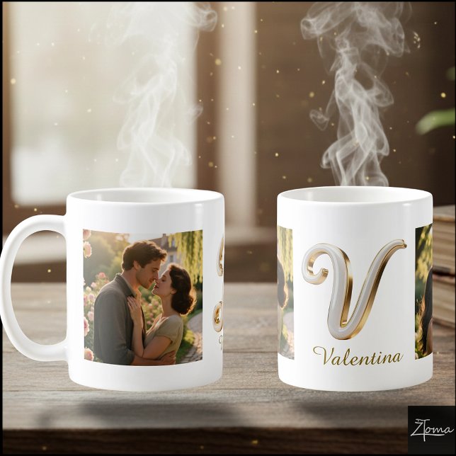 Luxury Cursive Gold White Initial  V + 2 PHOTO Coffee Mug (Creator Uploaded)