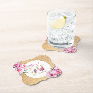 Luxury Custom 50th Birthday Peonies Gold Glitter Paper Coaster