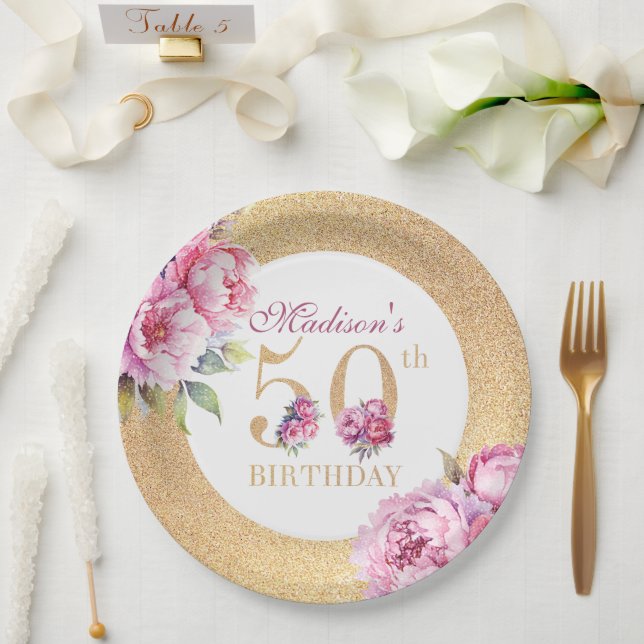 Luxury Custom 50th Birthday Peonies Gold Glitter  Paper Plate (Wedding)