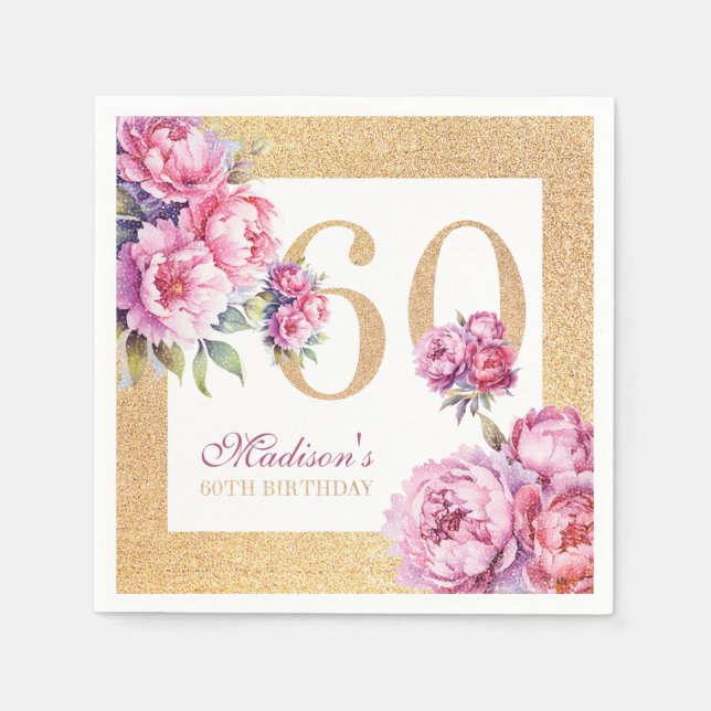 Luxury Custom 60th Birthday Pink Gold Glitter Napkin (Front)