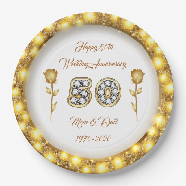 Luxury Customise  Happy Gold 50th Anniversary Paper Plate (Front)