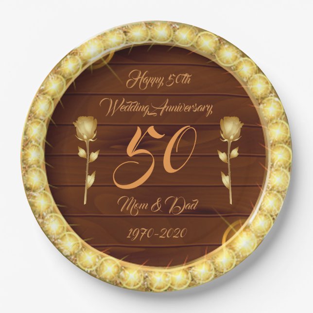 Luxury Customise  Happy Gold 50th Anniversary Paper Plate (Front)
