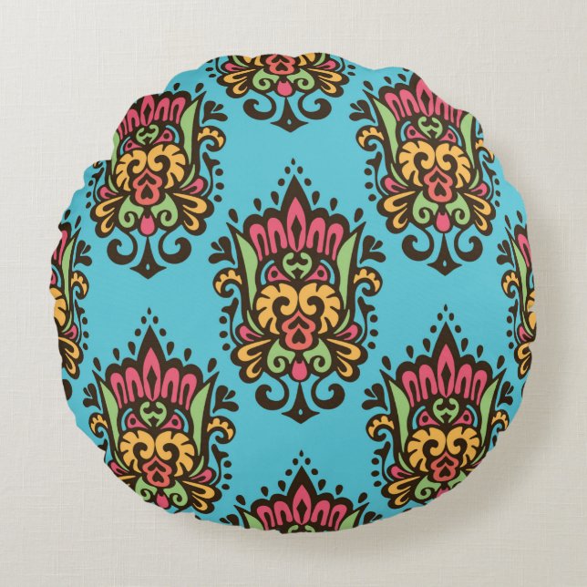 Luxury Damask flower seamless pattern. Floral Vint Round Cushion (Front)