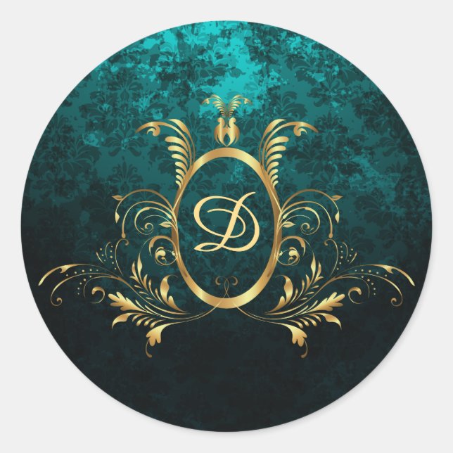 Luxury Damask gold Frame monogram Classic Round Sticker (Front)