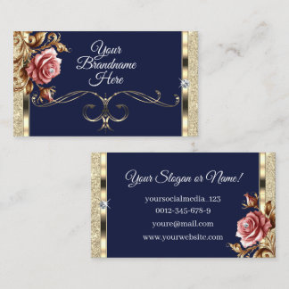 Luxury Dark Blue Gold Glitter Pink Vintage Rose Business Card