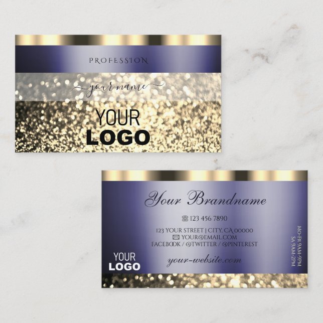 Luxury Dark Blue Gold Sparkling Glitter with Logo Business Card (Front/Back)