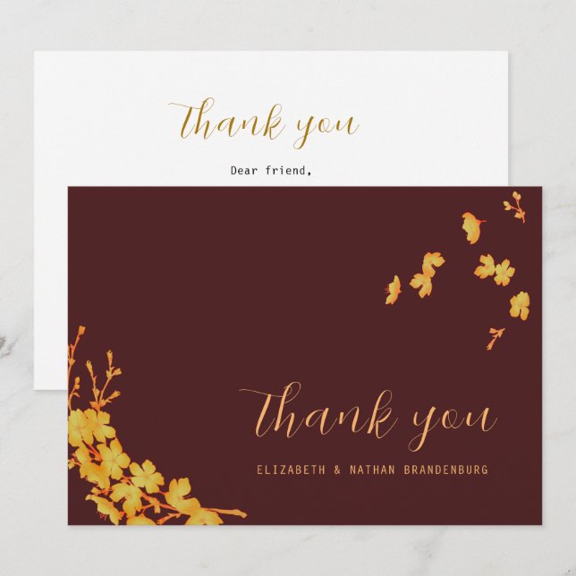 Luxury Dark Burgundy & Gold Flowers Thank You Card (Front/Back)