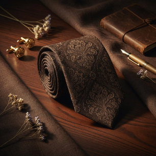 Luxury Dark Espresso Brown Baroque Damask Tie