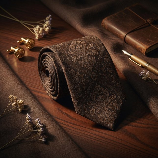 Luxury Dark Espresso Brown Baroque Damask  Tie (Creator Uploaded)
