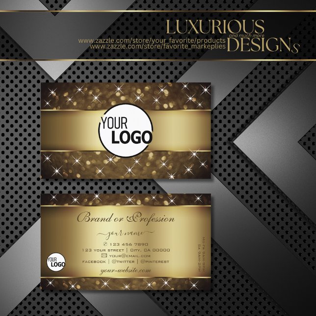 Luxury Dark Gold Glitter Stars add Logo Elegant Business Card (Creator Uploaded)
