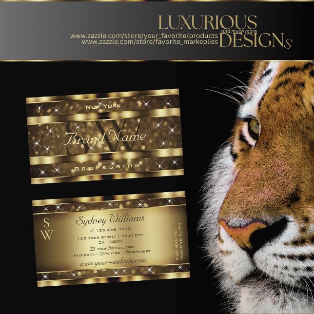 Luxury Dark Golden Glitter Luminous Stars Monogram Business Card (Creator Uploaded)