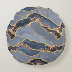 Luxury Dark Gray Marble Texture with Gold Veins Round Cushion