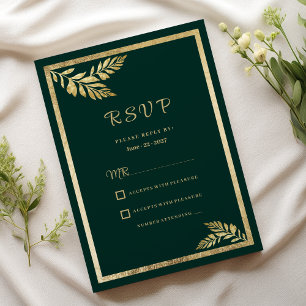 Luxury dark green golden leaf frame RSVP Invitation