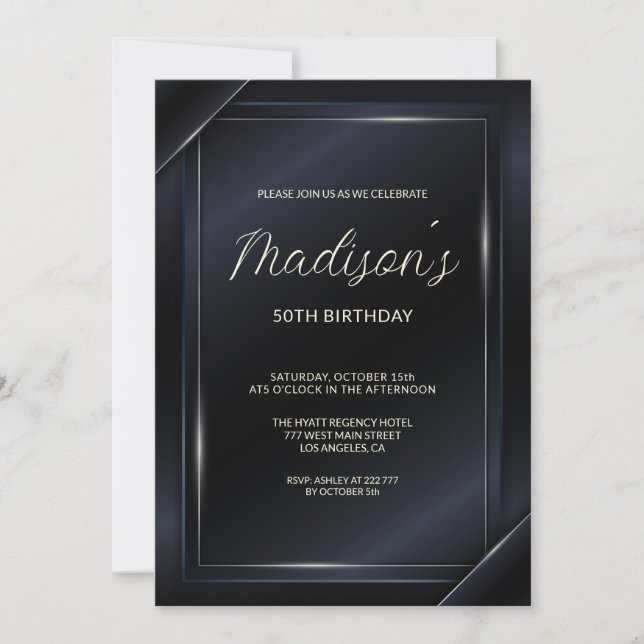 Luxury Dark Grey Background Silver Lines Birthday Invitation (Front)