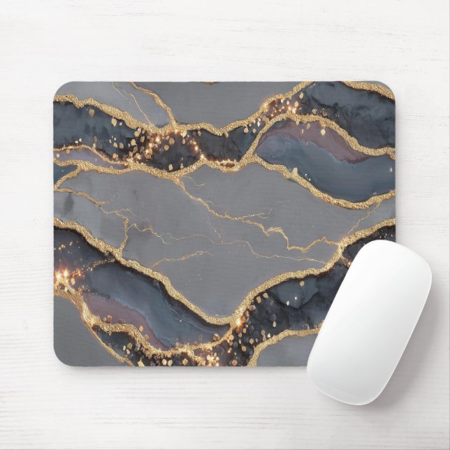 Luxury Dark Grey Marble Texture with Gold Veins Mouse Mat (With Mouse)