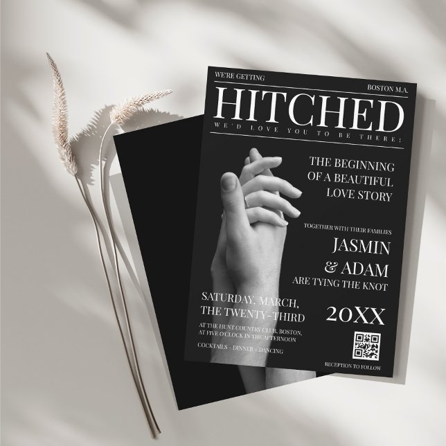 Luxury Dark Mode Hitched Magazine Wedding Invitation (Magazine Black Dark Mode Newspaper Photo Wedding Invitation)