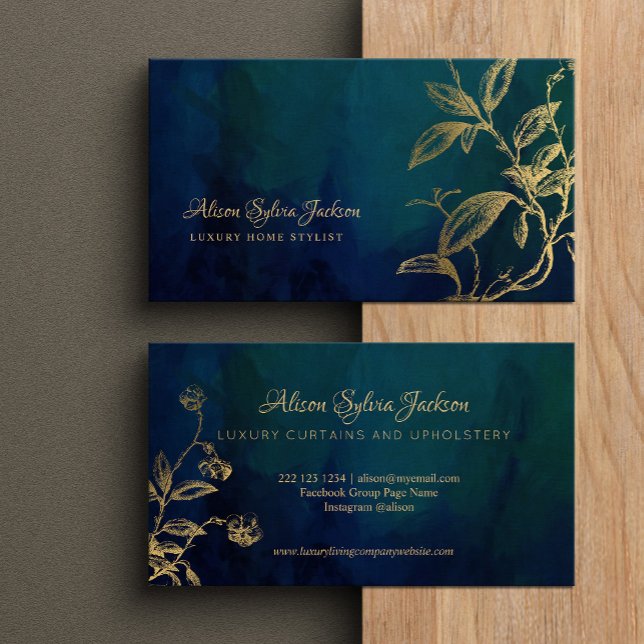 Luxury dark navy elegant faux gold foil foliage business card (Creator Uploaded)