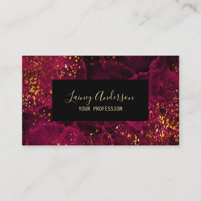 Luxury dark pink black and faux gold foil glitter business card (Front)