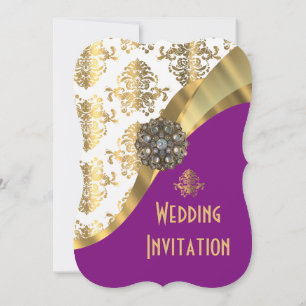 Luxury dark purple and gold damask wedding invitation