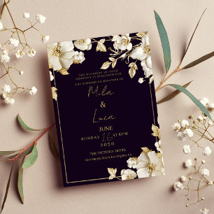 Luxury dark purple white gold floral Wedding  Invitation