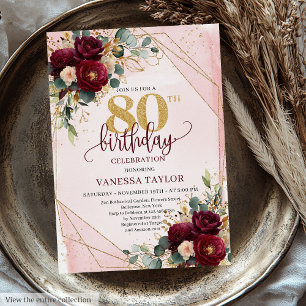Luxury Dark Red Blush Gold Roses 80th Birthday  Invitation