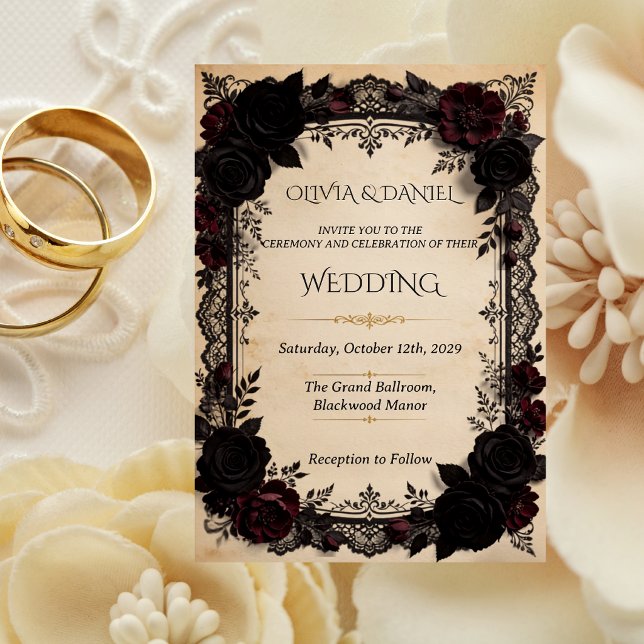 Luxury Dark Romance Black Lace Victorian Wedding Invitation (Creator Uploaded)