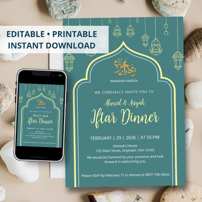Luxury Dark Teal & Gold Arch Ramadan Iftar Invitation (Creator Uploaded)