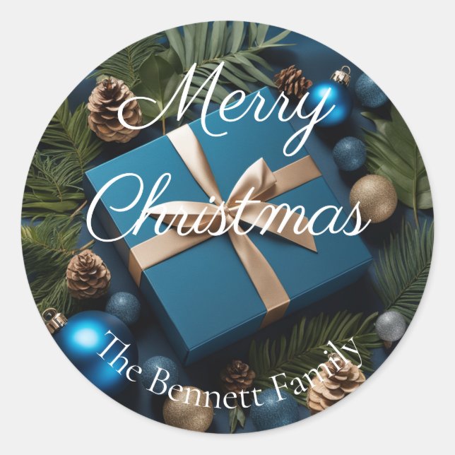 Luxury Deep Blue & Green Foliage Christmas Gifts  Classic Round Sticker (Front)