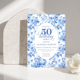 Luxury Deep Blue Toile Roses 50th Birthday Invite