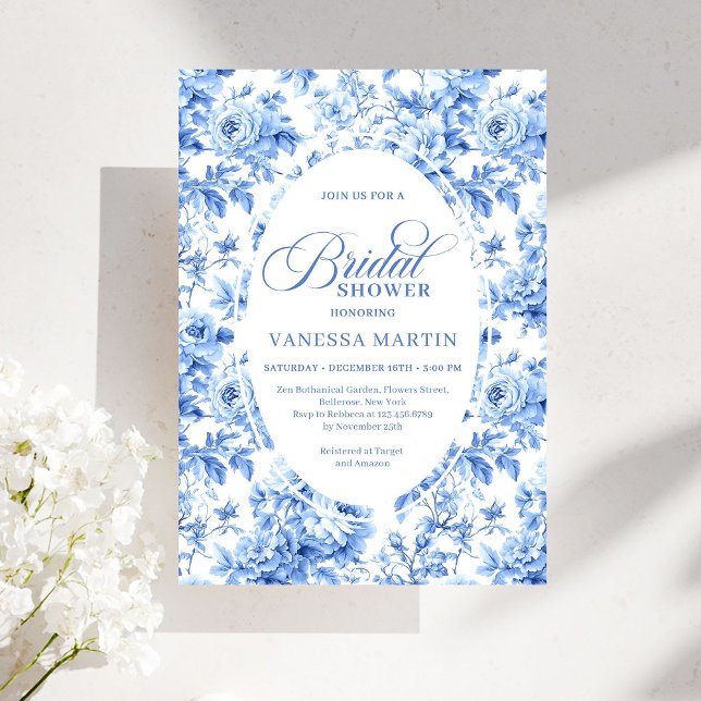 Luxury Deep Blue Toile Roses Bridal Shower Invite (Luxury Deep Blue Toile Roses Bridal Shower Invitation)