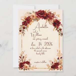 Luxury Deep Burgundy Red Roses Gold Arch Wedding I Invitation