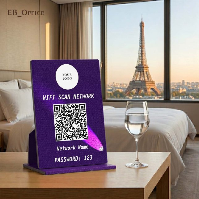 Luxury Deep Purple Leather Spotlight QR Code Wifi  Plaque (Luxury QR Code Wi-fi Tabletop Sign
& Logo
•	Purple Leather pattern
•	5” x 7”
)
