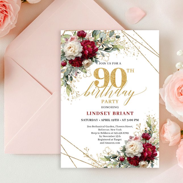 Luxury Deep Red Floral Gold 90th Birthday Invite (Luxury Deep Red Floral Gold 90th Birthday Invitation)