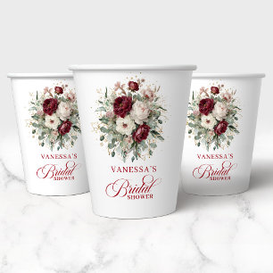 Luxury Deep Red Floral Gold Bridal Shower Paper  Cups