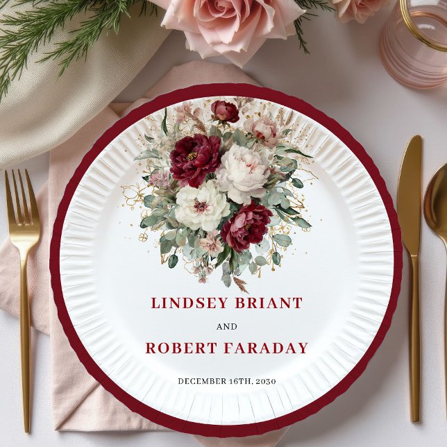 Luxury Deep Red Flowers Eucalyptus Gold Plates (Luxury Deep Red Flowers Eucalyptus Gold Plates)